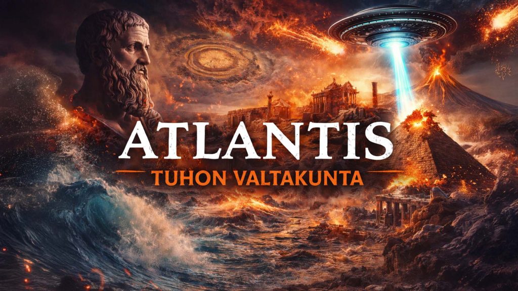 Kuvitus Atlantiksen tuhosta jääkauden lopulla, muinainen kaupunki meren alla, pyramidit, taivaalta tuleva valosäde ja kadonneen sivilisaation symboliikka.