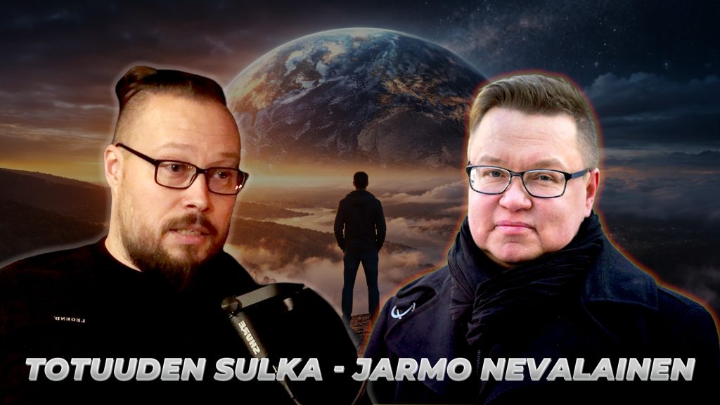 Kaksi keskustelijaa podcast-studiossa pohtimassa ihmisen paikkaa maailman edessä – Totuuden Sulka -podcast