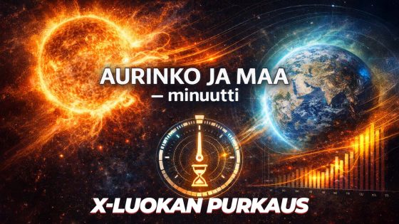 Aurinko ja Maa – minuutti -ohjelman kansikuva, joka kuvaa Auringon aktiivisuutta, auringonpurkauksia ja niiden vaikutuksia Maahan.