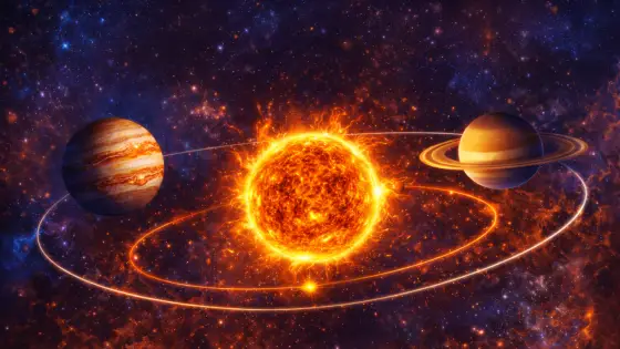 Taiteellinen visualisointi Auringosta kiertämässä aurinkokunnan barysentriä, planeettojen gravitaatiovaikutusten muokatessa sen liikettä.