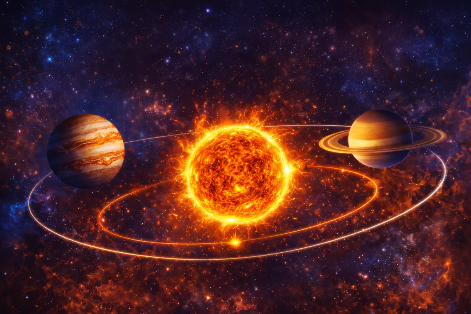 Taiteellinen visualisointi Auringosta kiertämässä aurinkokunnan barysentriä, planeettojen gravitaatiovaikutusten muokatessa sen liikettä.