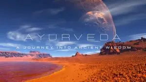 Muinaista intialaista temppeliarkkitehtuuria ja kosmista symboliikkaa, kuvastamassa ayurvedan muinaista viisautta.