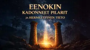 Muinaiset kivipilarit tähtitaivaan alla, symboloimassa Eenokin perinnettä ja hermeettistä viisautta.