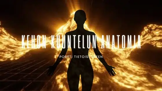 Symbolinen kuva ihmisestä meditaatiossa, kehon energiakeskukset ja hermoverkosto hehkuvina, kuvastaen keho-mieli-yhteyttä ja tietoisuuden tutkimusta.