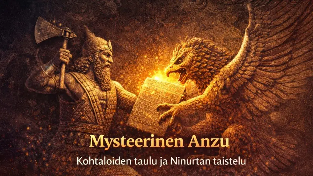 Muinaista Mesopotamian reliefiä esittävä kuva, jossa leijonapäinen kotka Anzu kohtaa Ninurtan taistelussa kohtaloiden taulusta.