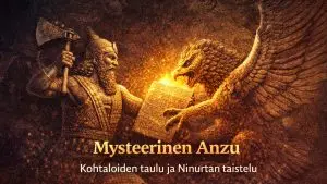 Muinaista Mesopotamian reliefiä esittävä kuva, jossa leijonapäinen kotka Anzu kohtaa Ninurtan taistelussa kohtaloiden taulusta.