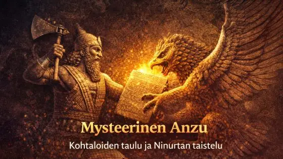 Muinaista Mesopotamian reliefiä esittävä kuva, jossa leijonapäinen kotka Anzu kohtaa Ninurtan taistelussa kohtaloiden taulusta.