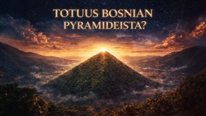 Pyramidimainen metsäinen kukkula Visokon laaksossa auringonlaskun valossa, symboloimassa Bosnian pyramidien mysteeriä.