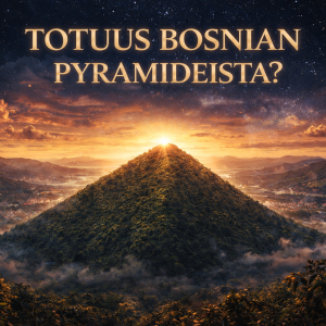 Pyramidimainen metsäinen kukkula Visokon laaksossa auringonlaskun valossa, symboloimassa Bosnian pyramidien mysteeriä.
