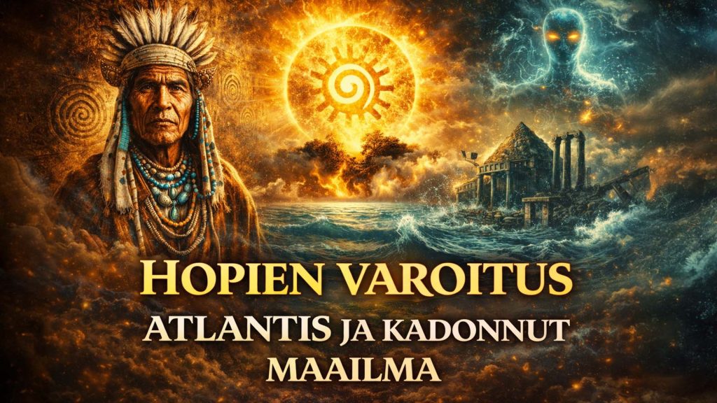 Hopi-intiaanien mytologiaa kuvaava symbolinen kuva, jossa esiintyy spiraaleja, aurinko ja muinaiset symbolit viittaamassa kadonneisiin mantereisiin ja sykliseen aikaan.