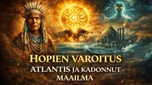 Hopi-intiaanien mytologiaa kuvaava symbolinen kuva, jossa esiintyy spiraaleja, aurinko ja muinaiset symbolit viittaamassa kadonneisiin mantereisiin ja sykliseen aikaan.