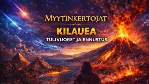 Kilauea-tulivuoren purkaus Havaijilla, jossa laava virtaa kraatterista ja hehkuu yöllisessä maisemassa.