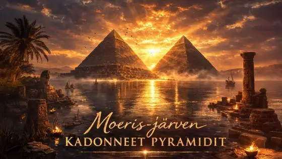 Taiteellinen kuva muinaisesta Moeris-järvestä, jonka keskellä kohoaa kaksi pyramidia veden ympäröimänä Egyptin aavikkomaisemassa.