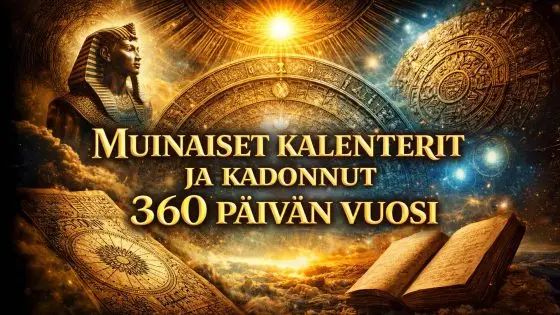Muinaista kalenteria esittävä symbolinen kuva, jossa aurinko, tähdet ja geometriset muodot viittaavat 360 päivän vuoteen ja ajan mittaamiseen muinaisissa kulttuureissa.