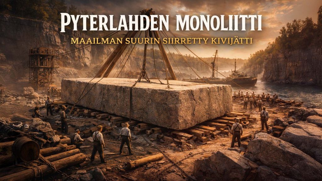Massiivinen kivimonoliitti louhoksessa, symboloiden Pyterlahden graniittilohkaretta ja ihmisen kykyä siirtää valtavia kivirakenteita.