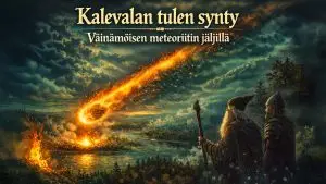 Taiteellinen kuva meteoriitista syöksymässä taivaalta kohti maata, viitaten Kaalin meteoriittiin ja Kalevalan tulen synty -kertomukseen.