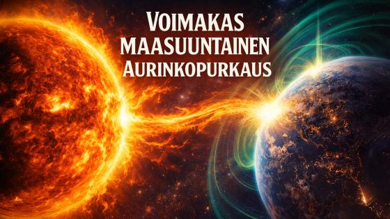 Aurinkopurkaus kohti Maata, jossa plasma ja säteily purkautuvat Auringosta ja osuvat Maan magneettikenttään.
