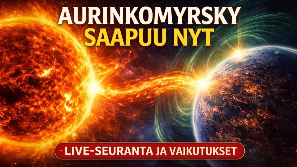 Aurinkomyrsky osumassa Maahan, jossa voimakas purkaus vuorovaikuttaa Maan magneettikentän kanssa.