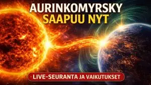 Aurinkomyrsky osumassa Maahan, jossa voimakas purkaus vuorovaikuttaa Maan magneettikentän kanssa.