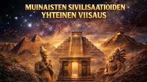 Muinaisten sivilisaatioiden symboleja ja temppeleitä yhdistävä kuva, jossa pyramidit, tähdistöt ja arkkitehtuuri viittaavat yhteiseen alkuperään.