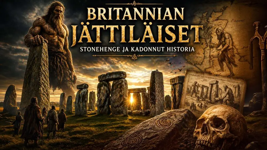 Stonehenge auringonlaskussa, massiiviset kivipaadet muodostavat kehän, viitaten muinaiseen rakentamiseen ja jättiläisiin liittyviin legendoihin.