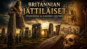 Stonehenge auringonlaskussa, massiiviset kivipaadet muodostavat kehän, viitaten muinaiseen rakentamiseen ja jättiläisiin liittyviin legendoihin.