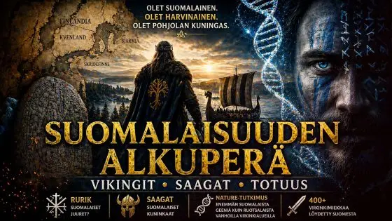 Symbolinen kuva muinaisesta Pohjolasta, jossa kartta, saagat ja geneettiset juuret yhdistyvät suomalaisten alkuperää kuvaavaksi kokonaisuudeksi.