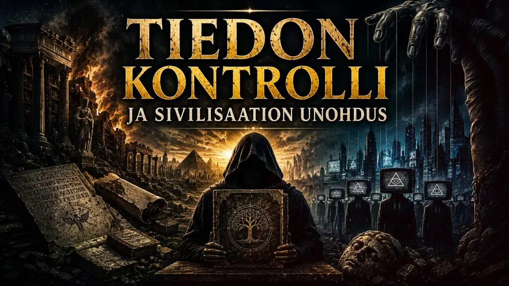 Symbolinen kuva muinaisesta kirjasta raunioiden keskellä, viitaten kadonneeseen tietoon ja sivilisaation unohtamiseen.