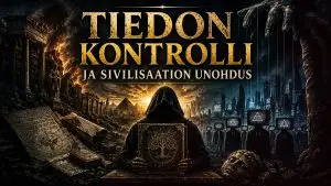Symbolinen kuva muinaisesta kirjasta raunioiden keskellä, viitaten kadonneeseen tietoon ja sivilisaation unohtamiseen.