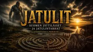 Muinainen kivistä rakennettu jatulintarha suomalaisessa saaristomaisemassa ilta-auringon valaistessa kivikehien sokkeloista rakennetta.