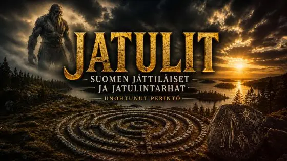 Muinainen kivistä rakennettu jatulintarha suomalaisessa saaristomaisemassa ilta-auringon valaistessa kivikehien sokkeloista rakennetta.