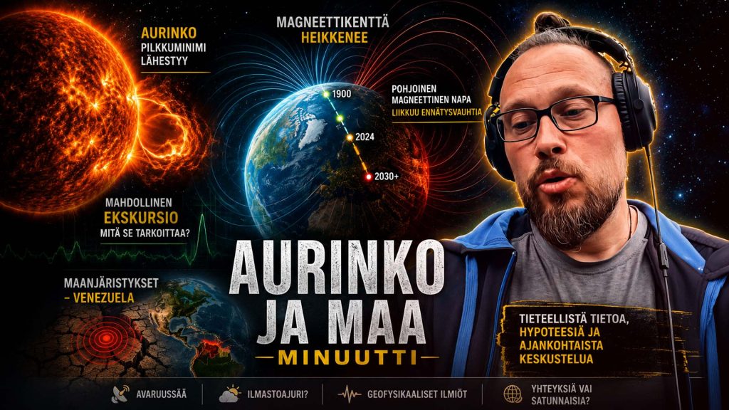 Visualisointi Maasta ja Auringosta, jossa Maan magneettikenttä, liikkuva magneettinen napa ja aurinkotuuli kuvataan osana geofysikaalisten ilmiöiden kokonaisuutta.