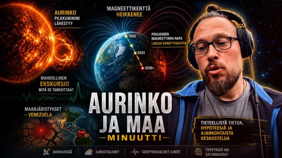 Visualisointi Maasta ja Auringosta, jossa Maan magneettikenttä, liikkuva magneettinen napa ja aurinkotuuli kuvataan osana geofysikaalisten ilmiöiden kokonaisuutta.