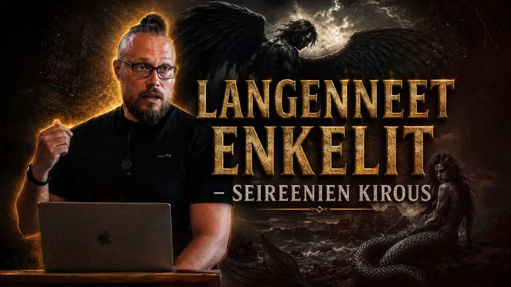 Symbolinen kuva, jossa valo ja pimeys kohtaavat muinaisten käsikirjoitusten, enkelihahmojen ja vedenpaisumusta kuvaavan maiseman ympärillä.